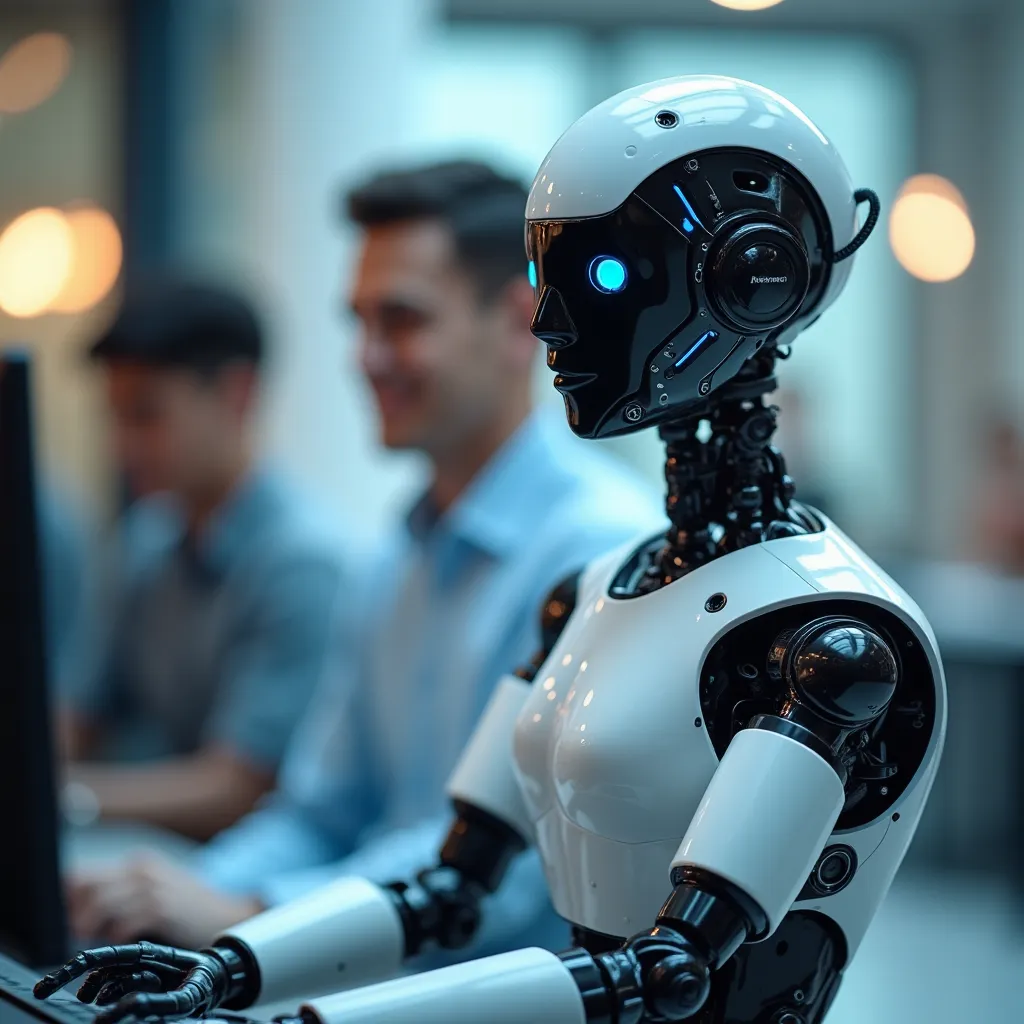 AI robot delivering customer service chatbot support in a modern digital help desk environment.