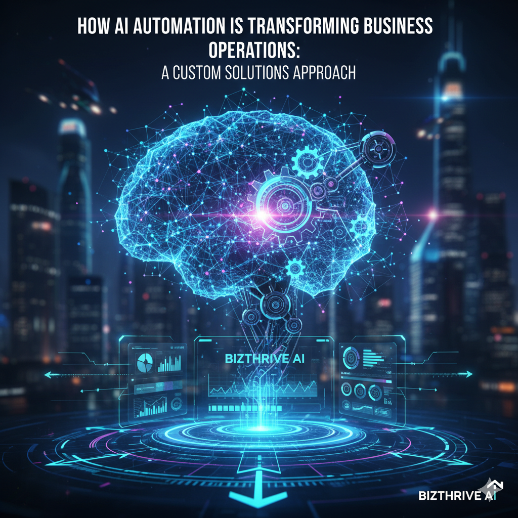 A conceptual image of AI automation for business, showing a glowing blue digital brain with gears inside hovering over futuristic data dashboards. The background is a modern city skyline, and the company name 'BizThrive AI' is visible.