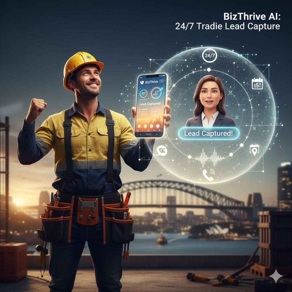 Happy Australian tradie uses BizThrive AI voice agent on smartphone to capture leads 24/7, showing 
