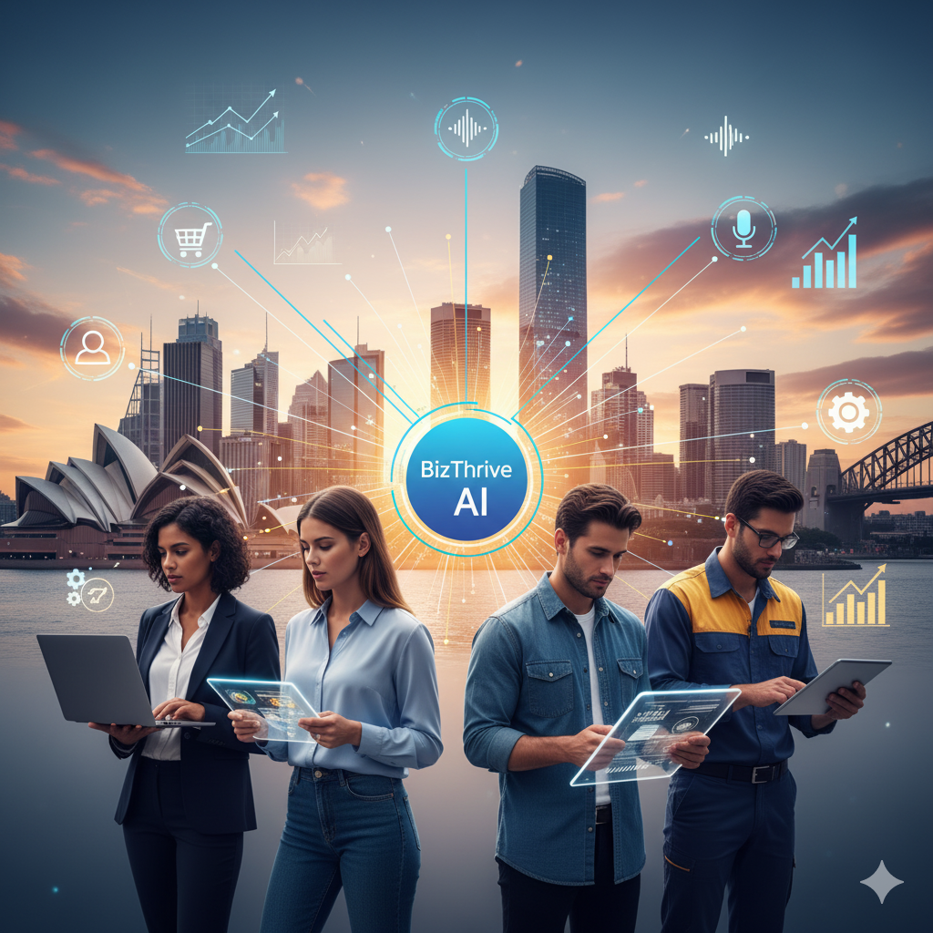 Australian startups and SMEs embrace BizThrive AI automation: diverse entrepreneurs (tech, business, tradie) use digital tools with voice agents and workflow automation, overlooking a vibrant Sydney cityscape at sunset.