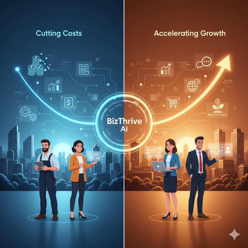 BizThrive AI tools help Australian SMEs cut costs (left, blue theme with tradie) and accelerate growth (right, orange theme with business professionals), showing workflow automation and branded voice agents in an Aussie cityscape.