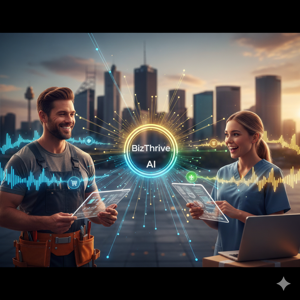 Australian SMEs (tradie, clinic manager, eCommerce) use BizThrive AI voice agents for branded customer service and business efficiency with Australian city background.